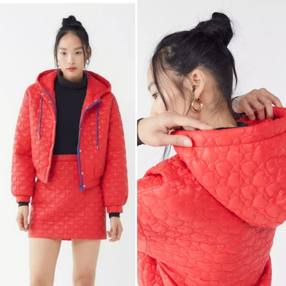 NWOT Urban Outfitters Red Heart Pattern Cropped Puffer Jacket